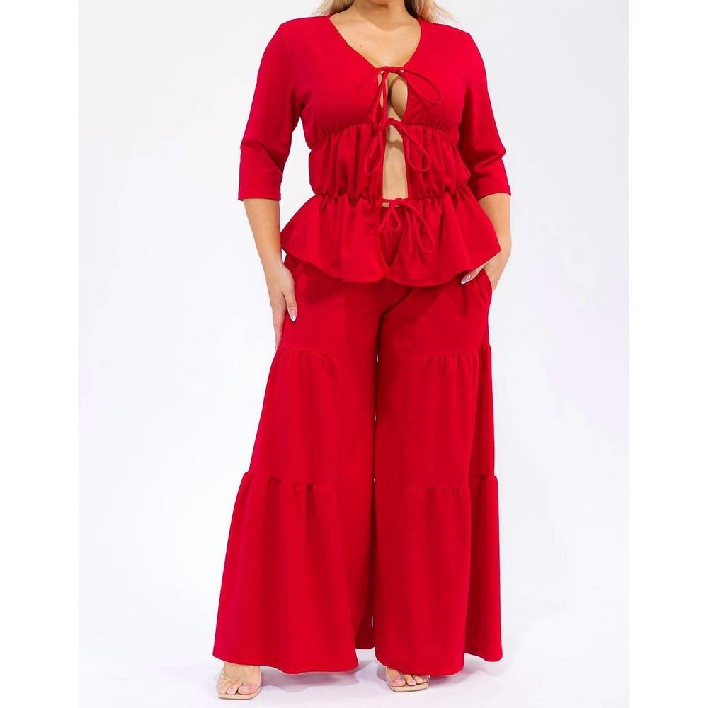 NEW KAREN T DESIGN hollow lace up top and spliced wide leg pants in red